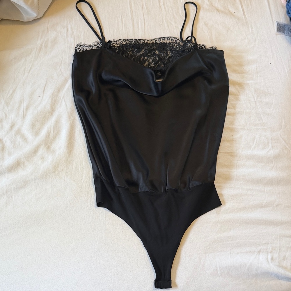 Victoria's Secret Black Satin Bodysuit with Lace Trim